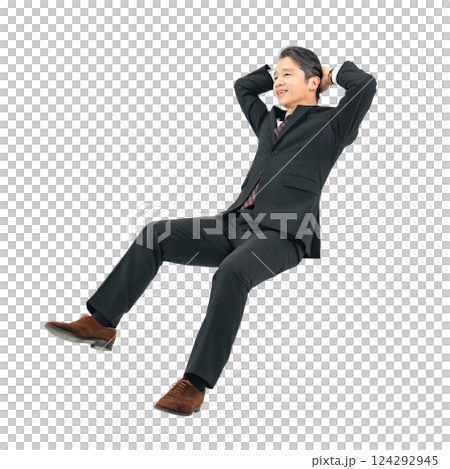 Middle-aged male business person sitting and relaxing. Full-body photo PNG with transparent background precisely cut out by hand. 124292945
