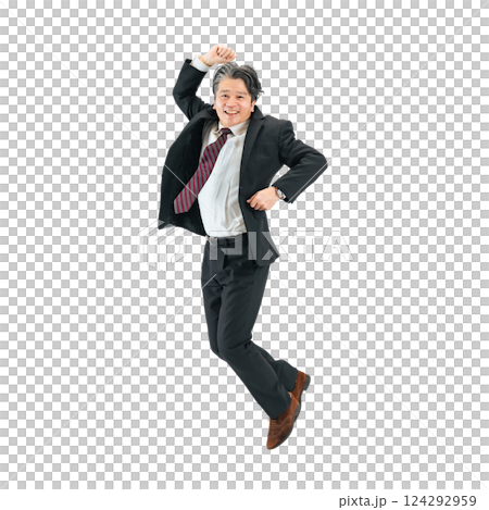 A middle-aged male business person jumping energetically. A transparent full-body photo PNG precisely cut out by hand A middle-aged male business person jumping energetically. A transparent full-body photo PNG precisely cut out by hand 124292959