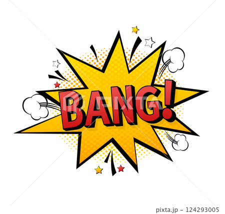 Bang pop illustration in retro style on color background. Vector drawing. Cartoon drawing 124293005