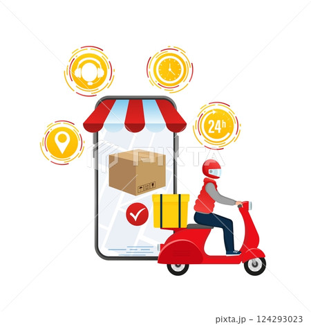 Flat infographic with red online delivery for mobile app design. Food delivery service. 124293023