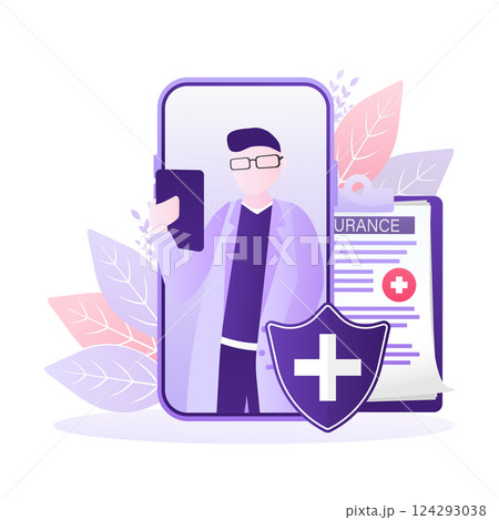 Flat illustration with online doctor. Doctor consultation. Vector illustration flat design. Video chat. 124293038