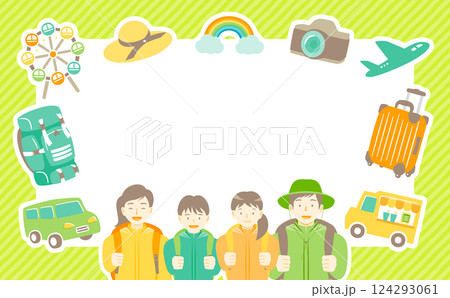 家族で車でのおでかけ・旅行・こどもの日をイメージするGW・ゴールデンウィークのフレーム背景イラスト 124293061