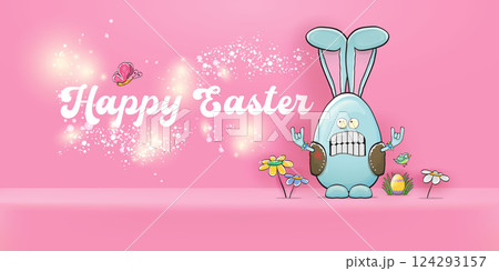 Easter bunny character with bunny ears and rock n roll gesture hands standing on pink podium background. rock n roll easter party poster or happy easter greeting card with blue rabbit Easter bunny character with bunny ears and rock n roll gesture hands standing on pink podium background. rock n roll easter party poster or happy easter greeting card with blue rabbit 124293157