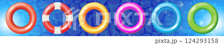 Set of color swimming inflatable rings, lifebuoys or lifesavers isolated on wide water waves background. swimming water pool rubber toy collection. Realistic summer 3d illustration. Set of color swimming inflatable rings, lifebuoys or lifesavers isolated on wide water waves background. swimming water pool rubber toy collection. Realistic summer 3d illustration. 124293158