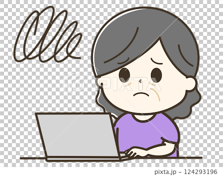 A cute illustration of the upper body of an elderly woman using a computer and feeling frustrated A cute illustration of the upper body of an elderly woman using a computer and feeling frustrated 124293196