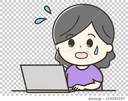 パソコンを使って焦るおばあさんの上半身のゆるかわイラスト 124293197