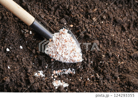 Fertilizer for Soil Eggshells. Organic waste, Bio Compost waste recycling. Selective Focus Fertilizer for Soil Eggshells. Organic waste, Bio Compost waste recycling. Selective Focus 124293355
