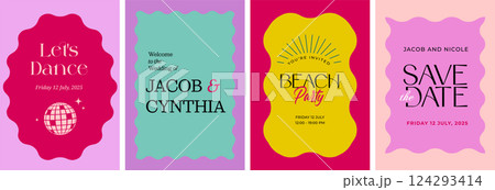 Colorful retro Save the Date and party invitation templates with wavy scalloped frames 124293414