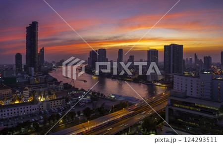 Skyscrapers in Bangkok city and river at night 124293511