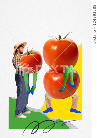 Farmer man carrying tomato with legs next to two giant tomatoes stacked on legs. Contemporary art collage. Farming 124293588
