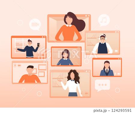 Flat illustration. Video conference. Video call between friends, chatting online by mobile app. Stay at home, work, communication remotely. Vector illustration. Flat illustration. Video conference. Video call between friends, chatting online by mobile app. Stay at home, work, communication remotely. Vector illustration. 124293591