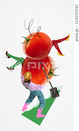 Woman pushing two stacked tomatoes with human legs on green patch with shovel. Contemporary art collage 124293592
