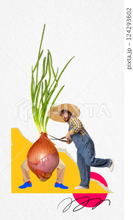 Man trimming giant onion sprouting green leaves with legs in pants running away. Contemporary art collage. 124293602