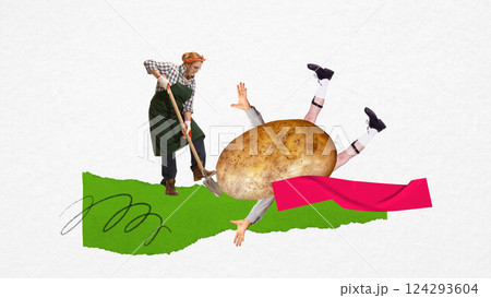 Woman digging oversized potato with human limbs sticking out on vibrant green field. Contemporary art collage. Harvesting and farming 124293604