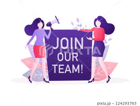 Join our team people, great design for any purposes. Flat join our team people for flyer design. Girl with megaphone. Vector illustration. Join our team people, great design for any purposes. Flat join our team people for flyer design. Girl with megaphone. Vector illustration. 124293763
