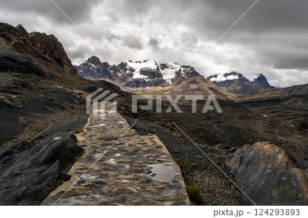 Stone trail leading to Pastoruri Glacier, Huaraz, Peru, amidst rugged mountains Stone trail leading to Pastoruri Glacier, Huaraz, Peru, amidst rugged mountains 124293893