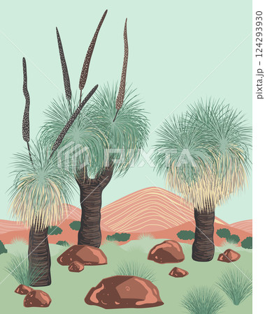 Xanthorrhoea trees in blossom and mountains landscape. The Grass trees, native Australian endemic flora. Vector background 124293930