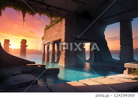 ゲーム背景　古代文明遺跡の街並み風景と夕暮れの海 124294369