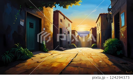 ゲーム背景 t夕日の古代文明遺跡の街並み風景 ゲーム背景 t夕日の古代文明遺跡の街並み風景 124294373