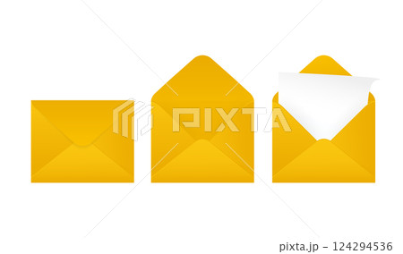 Flat business card with yellow envelope closed on white background for paper design. Blank business card. White background, isolated. Flat business card with yellow envelope closed on white background for paper design. Blank business card. White background, isolated. 124294536