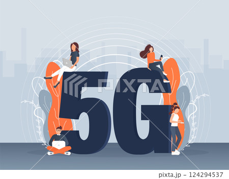 Flat 5g people on light background. Digital communication. Internet technology. Flat 5g people on light background. Digital communication. Internet technology. 124294537