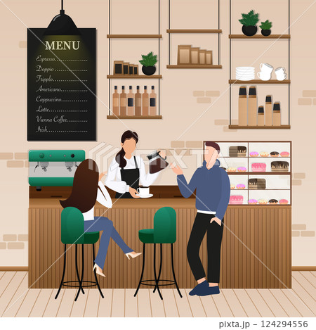 Flat vector illustration. Cozy room interior. Interior design. Cartoon people vector illustration. Flat vector illustration. Cozy room interior. Interior design. Cartoon people vector illustration. 124294556