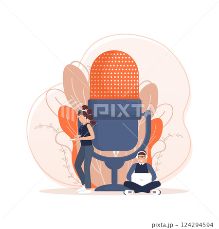 Live webcast in flat style with people. Listen to podcast. Flat illustration. Vector illustration. Live webcast in flat style with people. Listen to podcast. Flat illustration. Vector illustration. 124294594