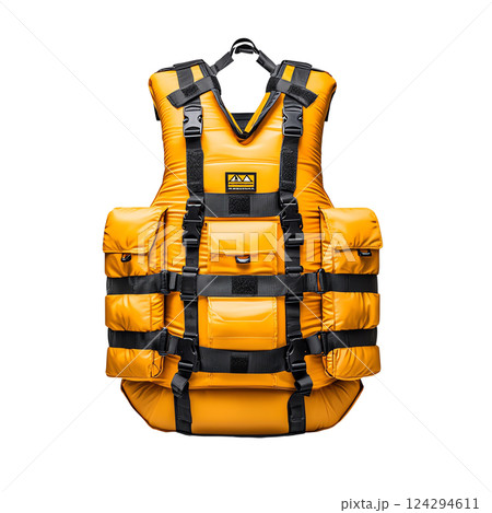 Bright orange life vest designed for water safety and adventure. 124294611