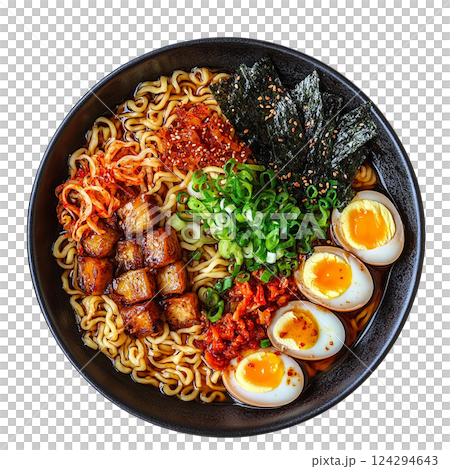 Delicious ramen bowl with eggs, seaweed, and colorful toppings. Photo realistic Delicious ramen bowl with eggs, seaweed, and colorful toppings. Photo realistic 124294643