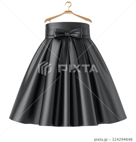 Elegant black dress hanging on a wooden hanger, perfect for events. Photo realistic 124294646