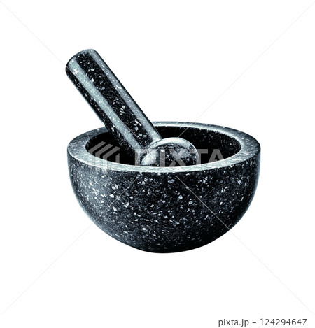 Elegant black mortar and pestle on a dark background. Photo realistic 124294647
