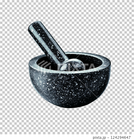 Elegant black mortar and pestle on a dark background. Photo realistic 124294647