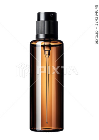 Elegant brown glass bottle with a spray nozzle for liquid products. Photo realistic 124294648