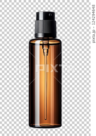 Elegant brown glass bottle with a spray nozzle for liquid products. Photo realistic 124294648
