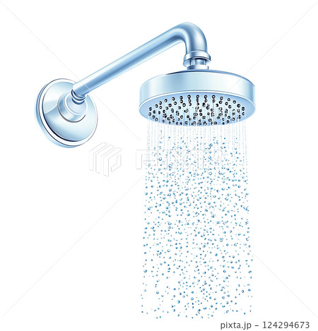 Stylish showerhead with water streaming for a refreshing bath. Photo realistic 124294673