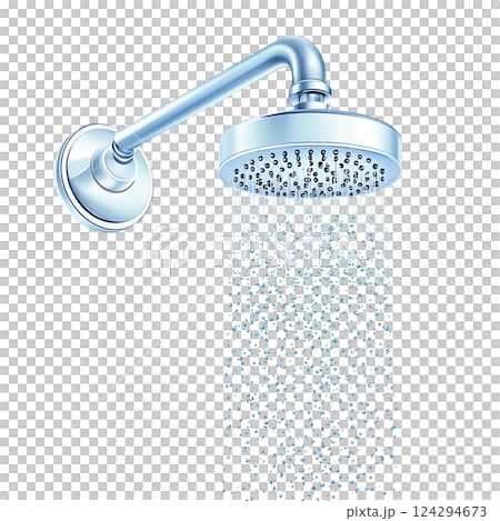 Stylish showerhead with water streaming for a refreshing bath. Photo realistic 124294673