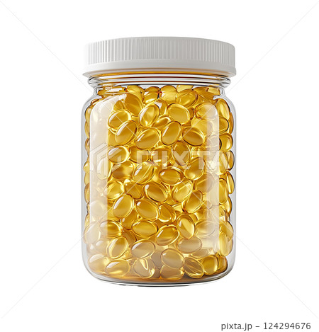 Transparent jar filled with golden softgel capsules for wellness. Photo realistic 124294676