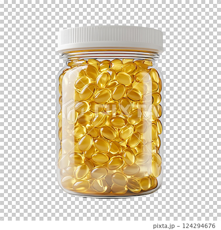 Transparent jar filled with golden softgel capsules for wellness. Photo realistic 124294676