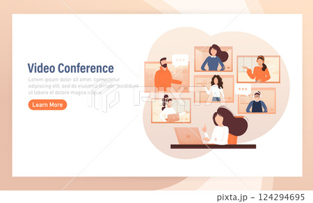 Flat illustration. Video conference. Video call between friends, chatting online by mobile app. Stay at home, work, communication remotely. Vector illustration. Flat illustration. Video conference. Video call between friends, chatting online by mobile app. Stay at home, work, communication remotely. Vector illustration. 124294695