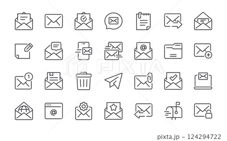 Set of Mail Line Icons. Envelope, Mailbox, Address Newsletter. Editable Stroke. Pixel Perfect. Set of Mail Line Icons. Envelope, Mailbox, Address Newsletter. Editable Stroke. Pixel Perfect. 124294722