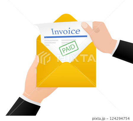 Flat icon with yellow invoice with envelope for financial report design. Isolated flat illustration. Flat icon with yellow invoice with envelope for financial report design. Isolated flat illustration. 124294754