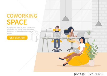 Coworking space illustration. Business people teamwork. Vector flat design. Business people office work. Remote work. Coworking space illustration. Business people teamwork. Vector flat design. Business people office work. Remote work. 124294760