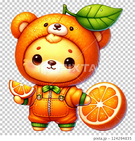 Adorable bear character in orange outfit holding oranges. Animal cartoo0 character 124294835