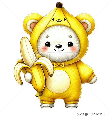 Cute cartoon bear in banana costume holding a banana. Animal cartoo0 character Cute cartoon bear in banana costume holding a banana. Animal cartoo0 character 124294860