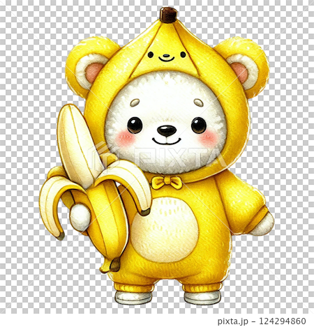 Cute cartoon bear in banana costume holding a banana. Animal cartoo0 character Cute cartoon bear in banana costume holding a banana. Animal cartoo0 character 124294860