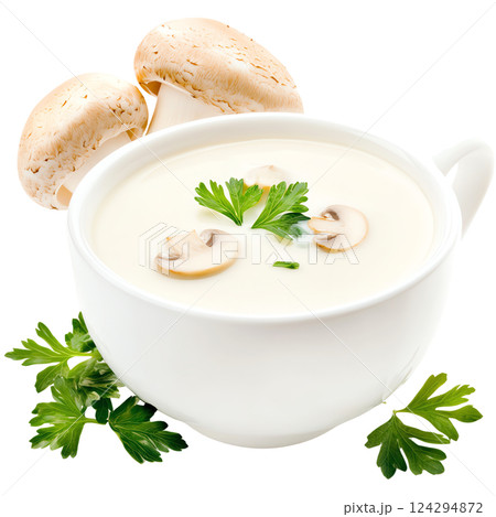 Creamy mushroom soup garnished with fresh parsley. 124294872