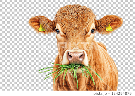Cute brown cow with grass in mouth standing Cute brown cow with grass in mouth standing 124294879
