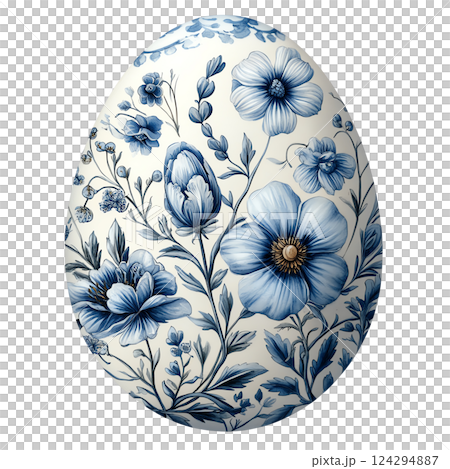 Delicate floral patterns on a decorative blue egg design. 124294887