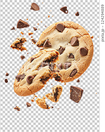 Delicious chocolate chip cookie broken in pieces with sprinkles. 124294889