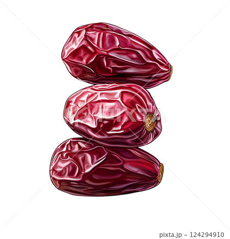 Three vibrant red dates stacked elegantly on a reflective surface. 124294910